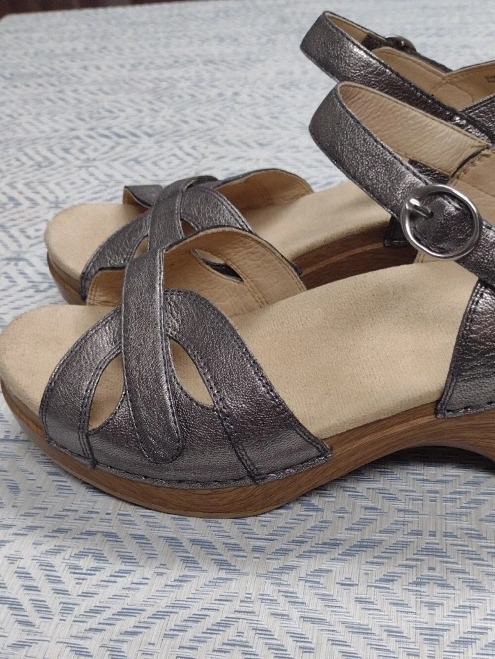 Dansko Silver Leather Wedge Sandals with Wood-Look Heel